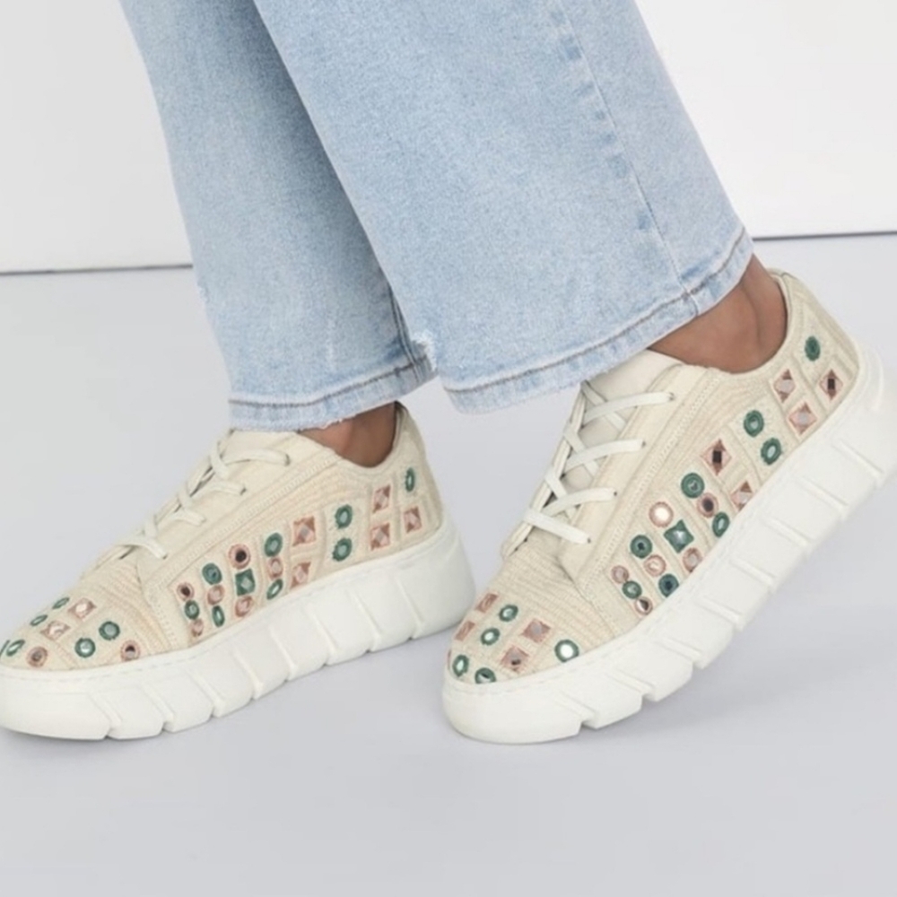 FREE PEOPLE NWOT Catch Me lf You Can Crochet Sneakers Pink&Green Mirror MSRP 138